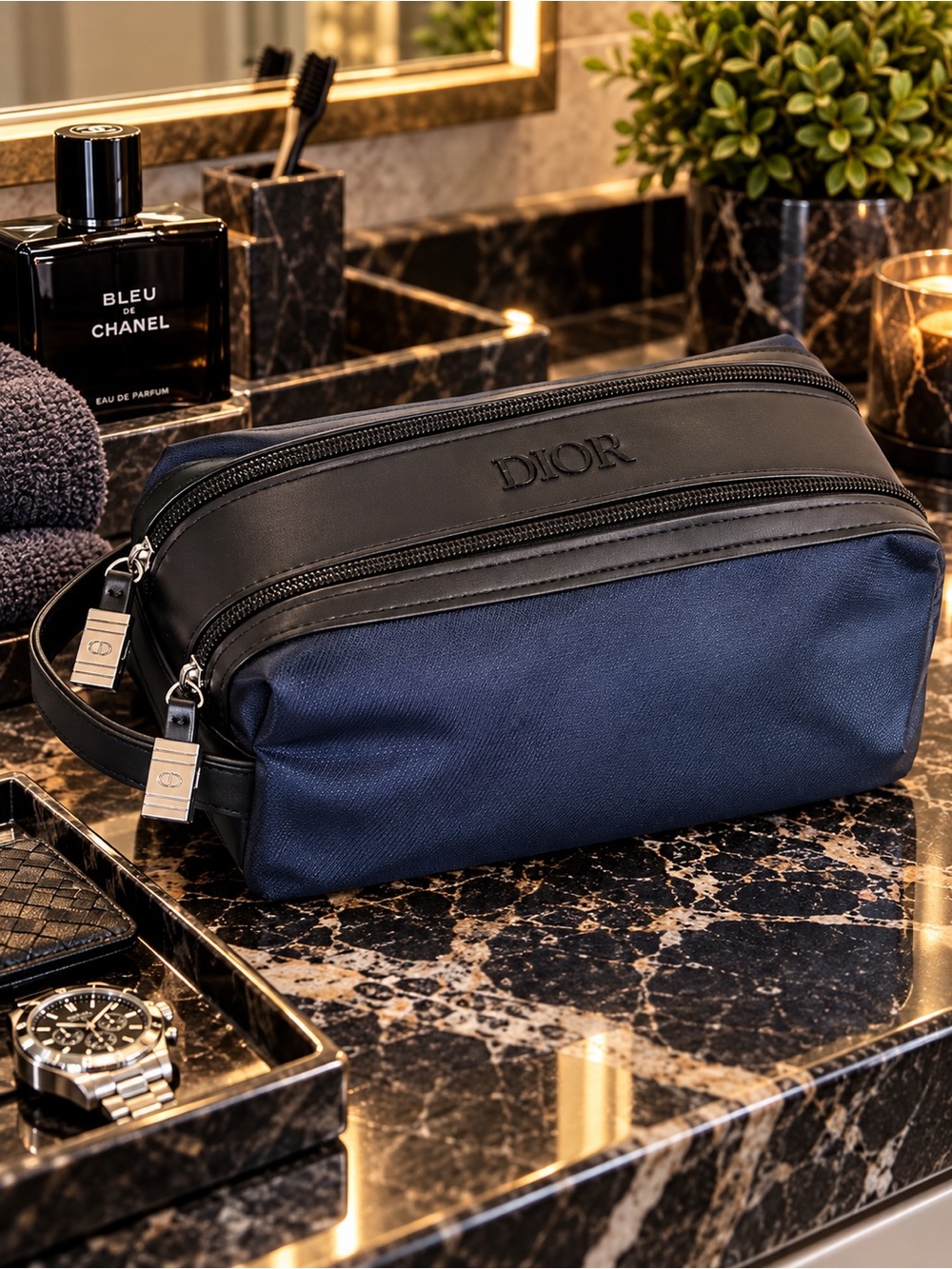 Dior Beauty Navy Black Toiletry Bag Dopp Kit Travel Case Dual Zip New